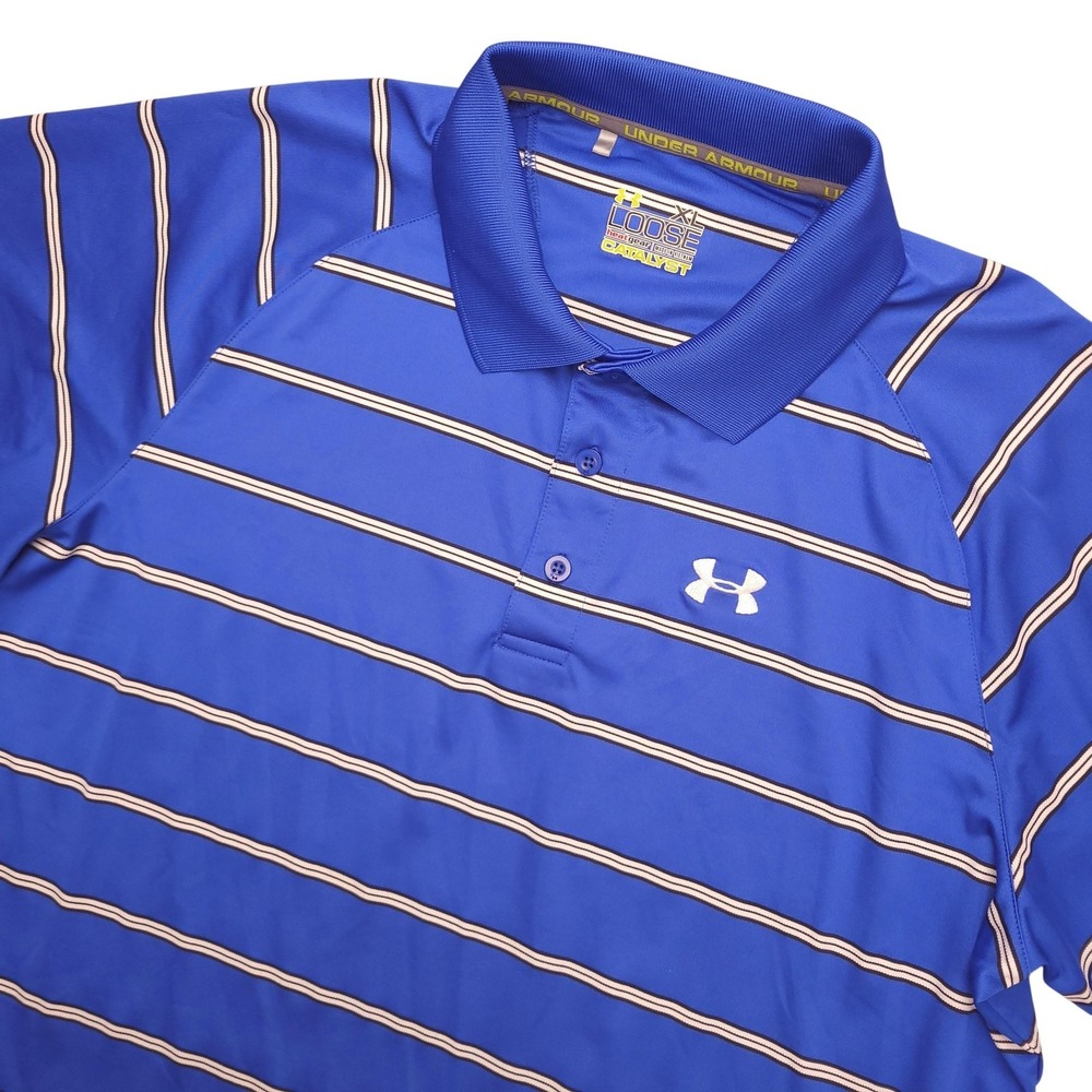 Under‎ Armour HeatGear Polo Shirt Mens XL Blue Stripe Golf Performance Stretch